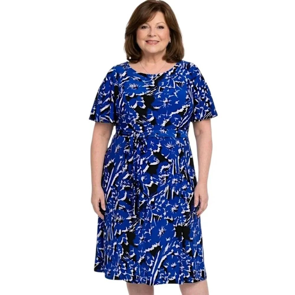 Kasper Florinda Blue White & Black Belted Flutter Sleeve A-line Dress Size 3X